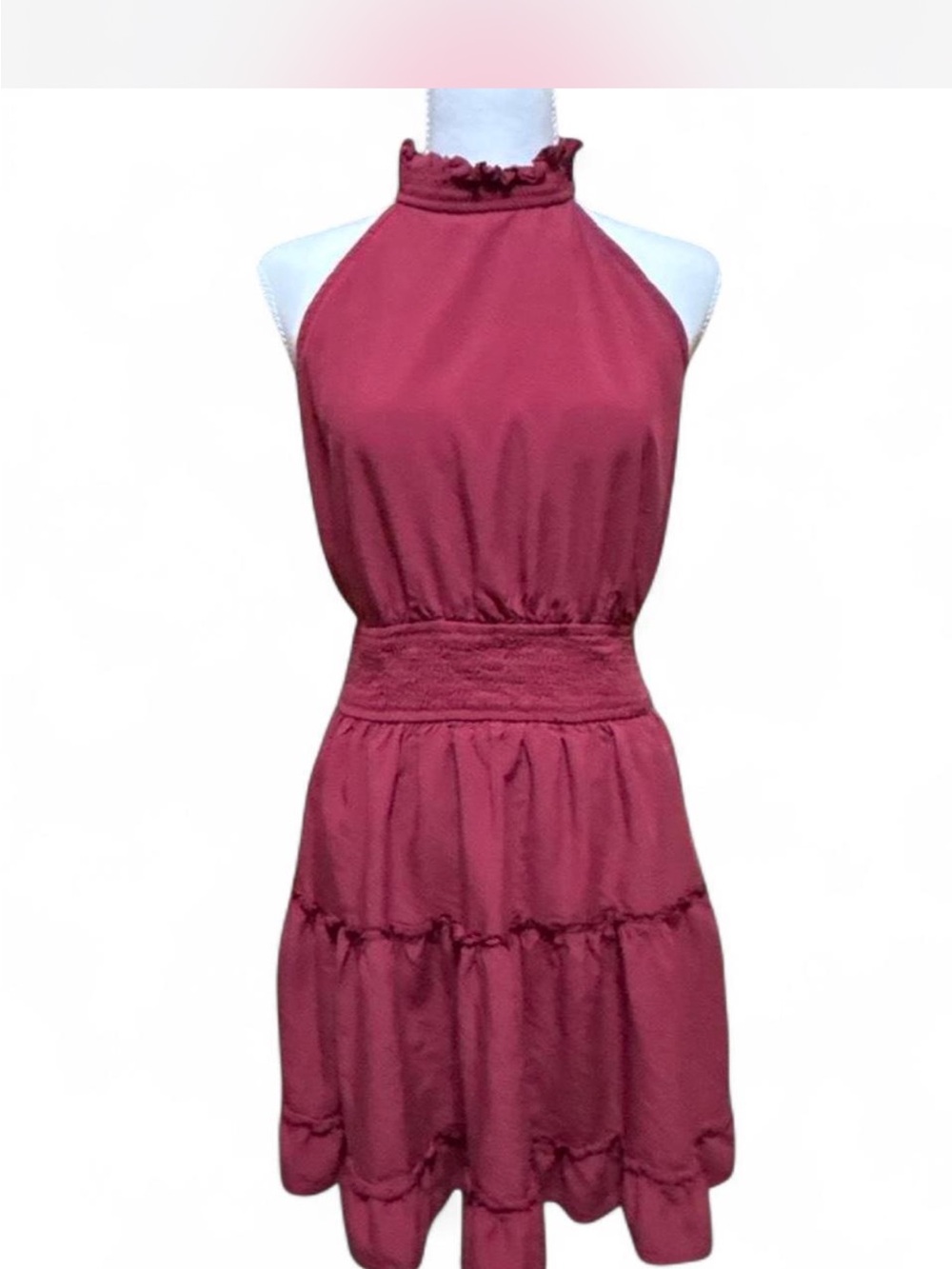 Fashion brand maroon, halter, tiered ruffle mini dress fairycore boho